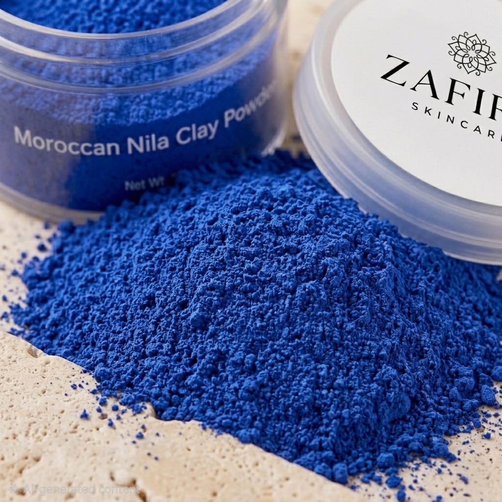 Blue Moroccan Nila Clay Powder with Zafir Skincare container in the background