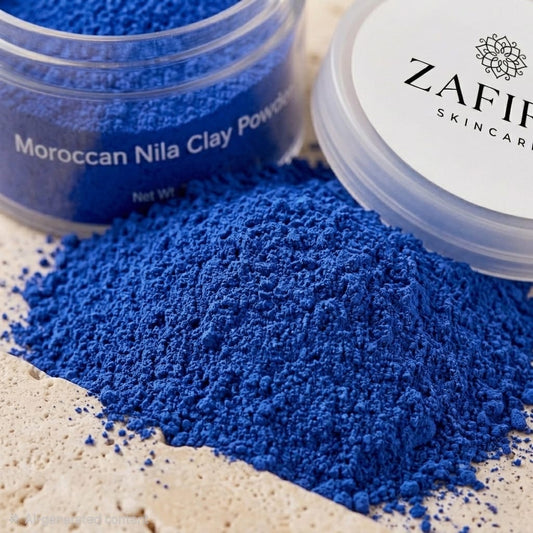 Blue Moroccan Nila Clay Powder with Zafir Skincare container in the background