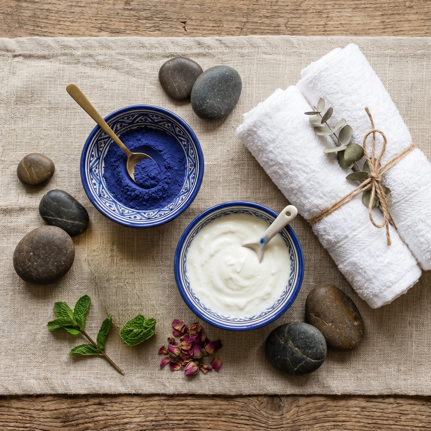 Moroccan Nila Clay Powder displayed in a ceramic bowl alongside natural skincare ingredients, towels, and spa essentials.