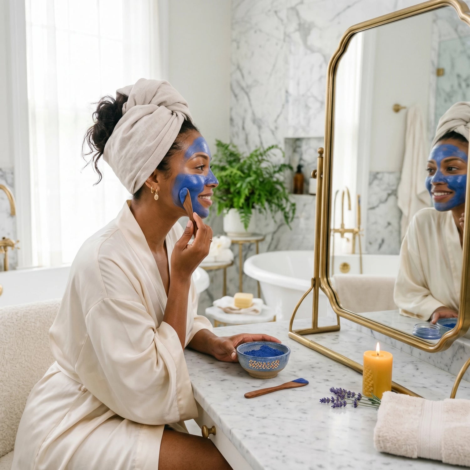 Woman applying a Moroccan Nila Clay Powder face mask in a bright bathroom for a natural skin-brightening and self-care treatment.