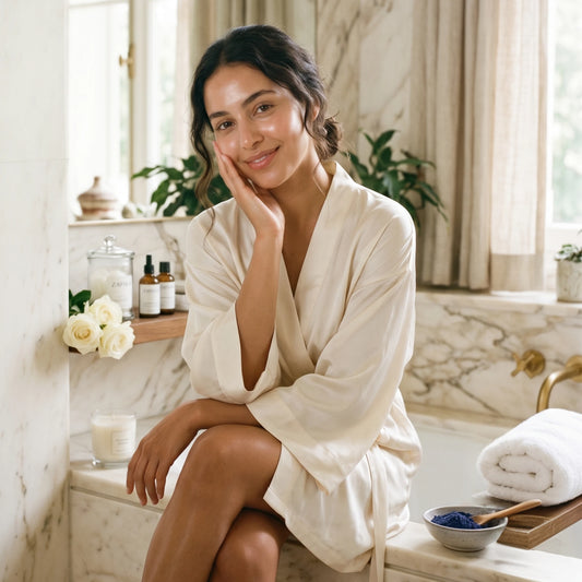 Woman in a white robe sitting on a marble bench in a bathroom.
