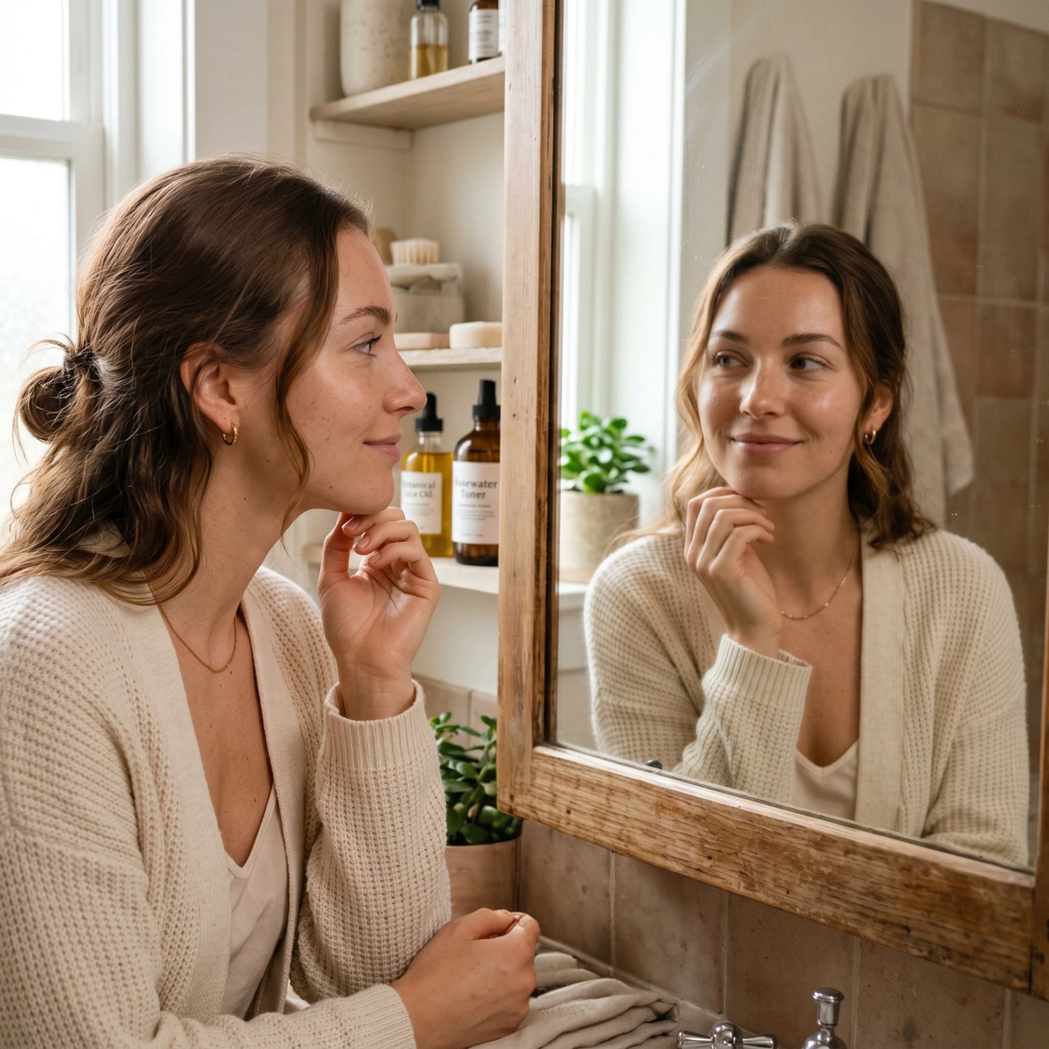 Woman admiring her radiant skin in a bathroom mirror after using Moroccan Nila Clay Powder as part of her natural skincare routine.